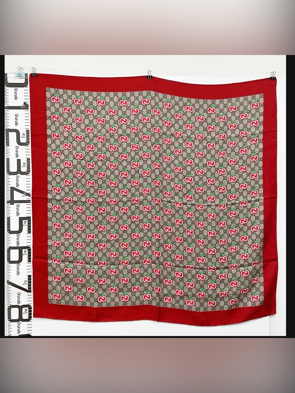 Gucci Beige GG Monogram Silk Scarf with Red and Green Accents